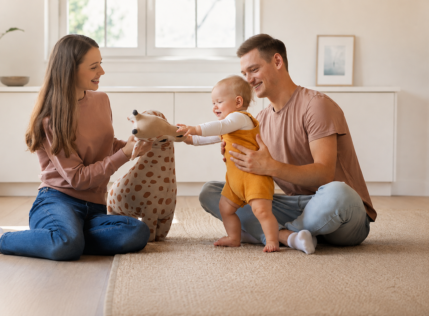 Eltern mit Baby im Wohnzimmer – mamira steht für Familienmomente