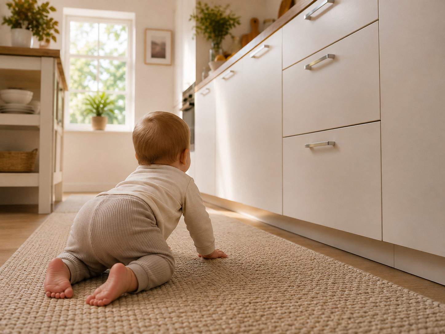 Baby krabbelt in einer hellen Küche – mamira Kindersicherungen schützen neugierige Kleine