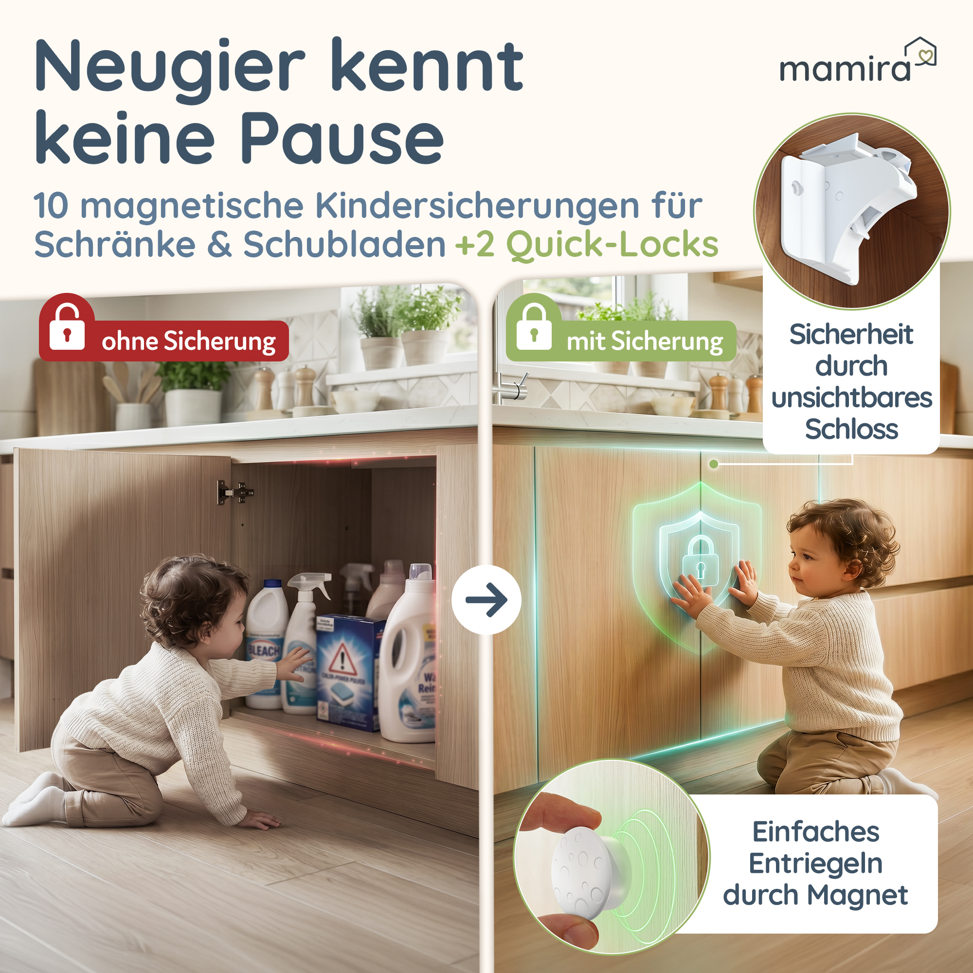 Vergleich: Schrank ohne Sicherung und mit mamira Kindersicherung