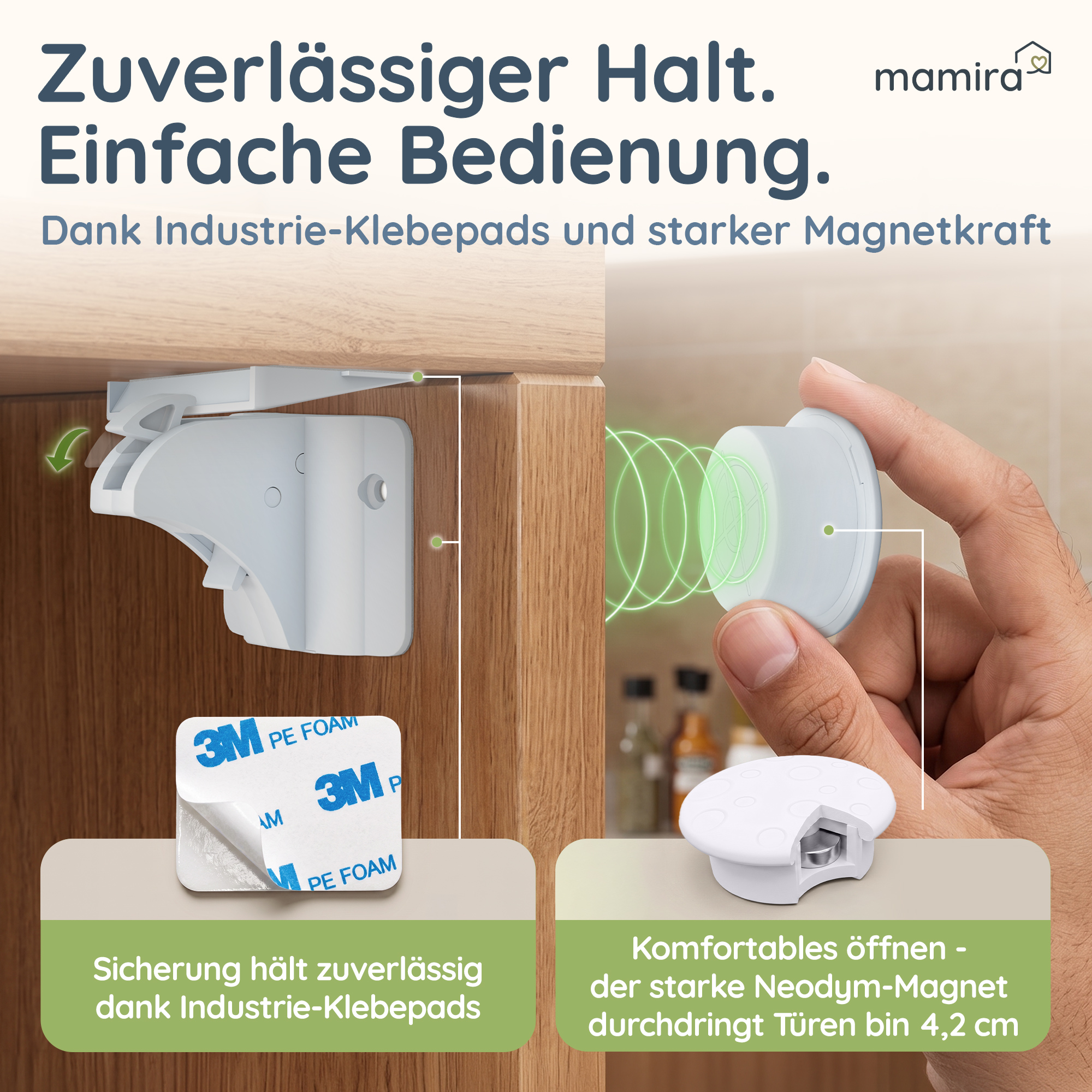 Neodym-Magnet und Industrie-Klebepads im Detail, bis 4,2 cm Türdicke