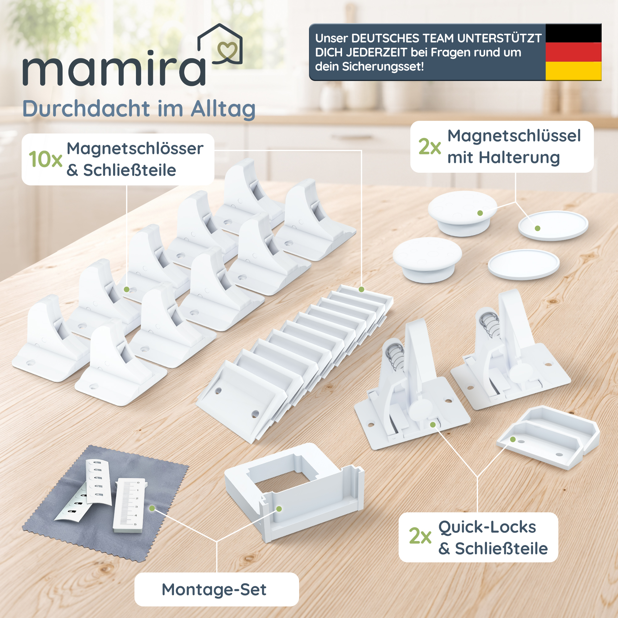 Lieferumfang: 10 Magnetschlösser, 2 Magnetschlüssel, Montage-Set, 2 Quick Locks
