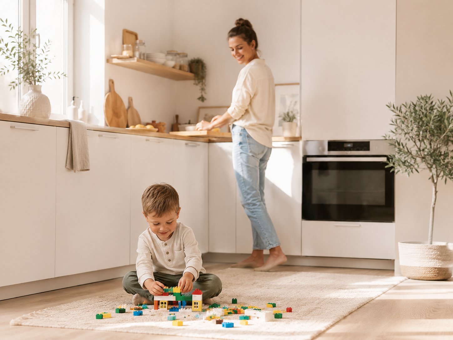 Mutter in heller Küche, Kind spielt mit bunten Bauklötzen – stressfreier Alltag mit mamira